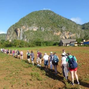 Image of students hiking towards a mountain range in Cuba